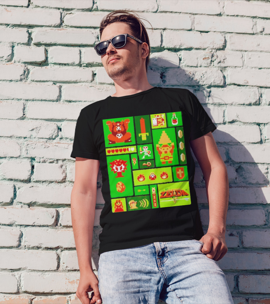 Legend Of Zelda Pixel Art Collage Retro Gaming Icons T-Shirt