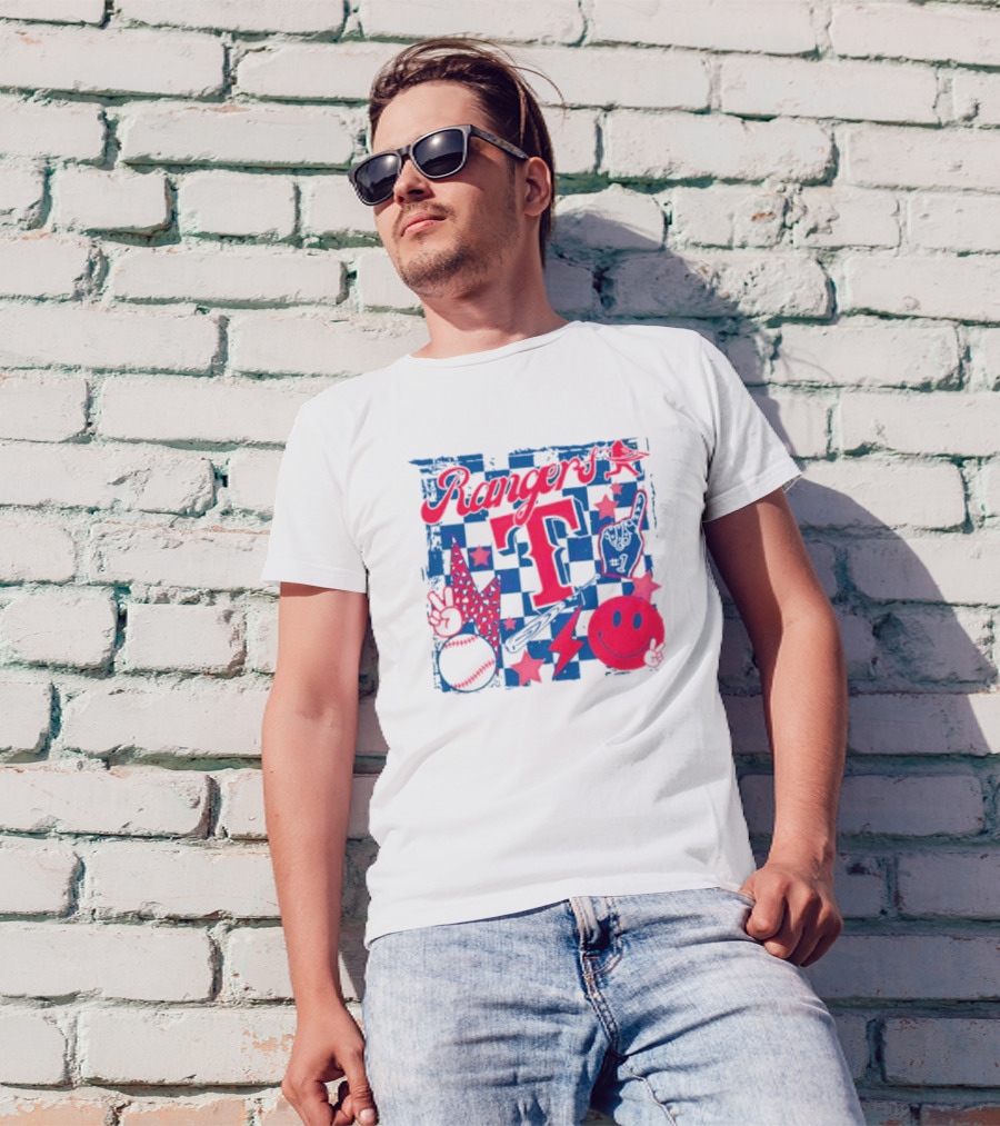 Rangers T Large Checkerboard Stars Baseball Smiley Lightning Peace T-Shirt