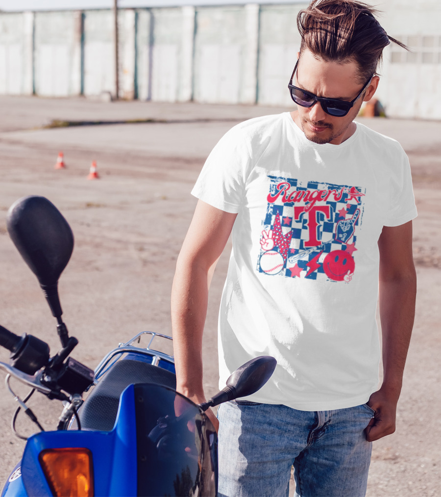 Rangers T Large Checkerboard Stars Baseball Smiley Lightning Peace T-Shirt