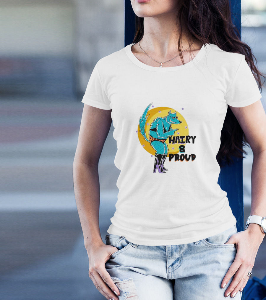 Wofl Hairy And Proud: Blue Wolf Character With Moon Background And Stars T-Shirt