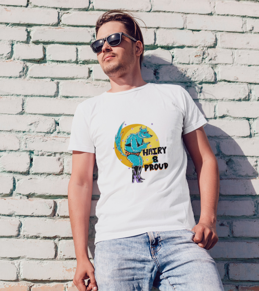 Wofl Hairy And Proud: Blue Wolf Character With Moon Background And Stars T-Shirt