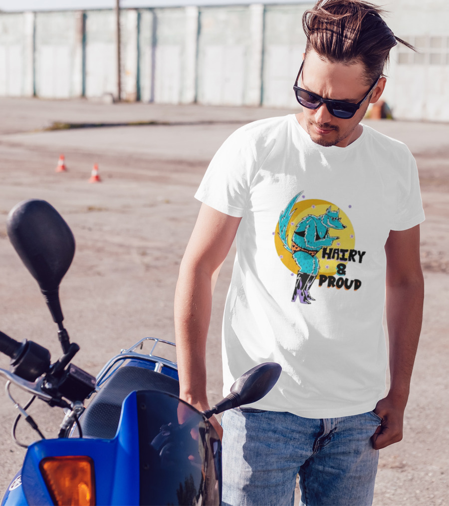 Wofl Hairy And Proud: Blue Wolf Character With Moon Background And Stars T-Shirt