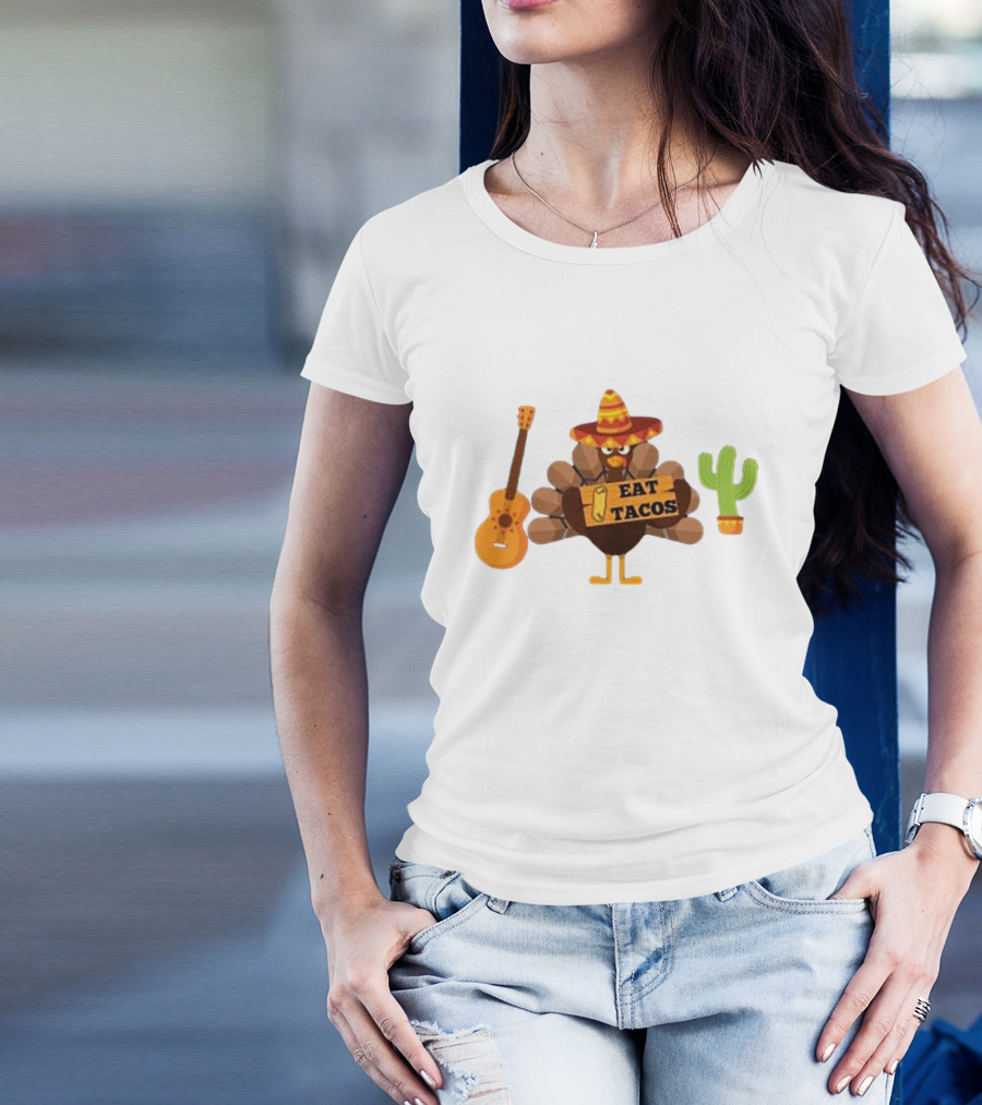Thanksgiving Turkey Wearing Sombrero Holding Eat Tacos Sign With Guitar And Cactus T-Shirt