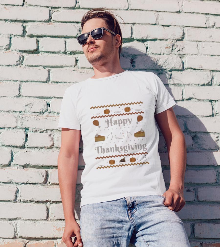 Happy Thanksgiving Pumpkin Pie Turkey Cross-Stitch T-Shirt