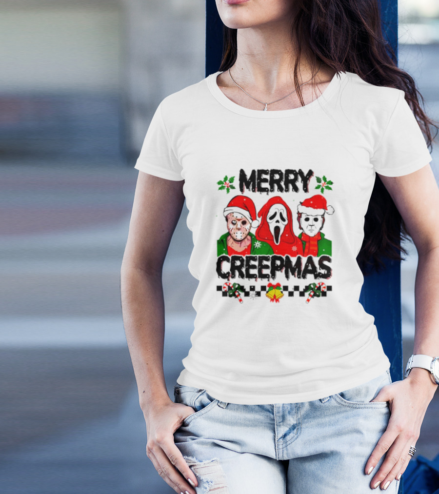 Merry Creepmas Horror Characters With Festive Scary Holiday T-Shirt
