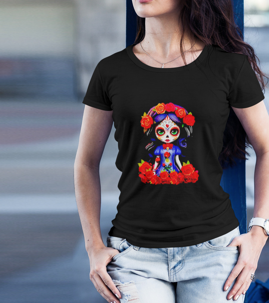 Women LA Catrina Day Of The Dead Floral Rose Adorned T-Shirt