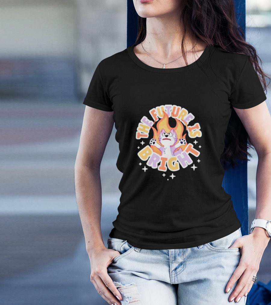 The Future Is Bright Flaming Cartoon Cat With Stars And Flames T-Shirt