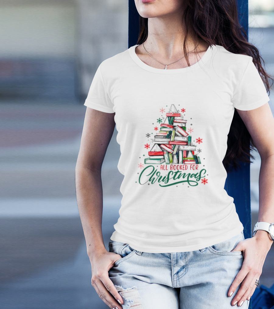 All Booked For Christmas Cute Bookworm Christmas Tree With Books T-Shirt