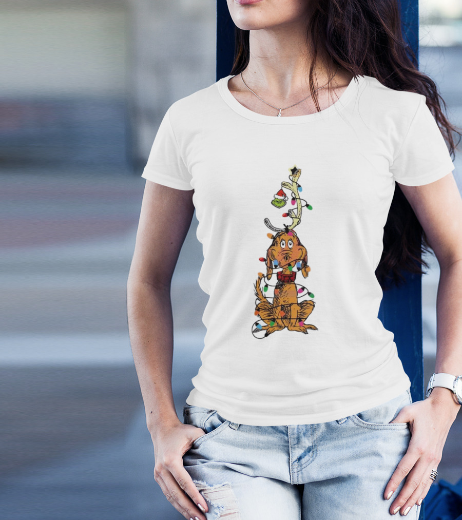 Funny Grinch Christmas Lights With Dog Wrapped In Colorful String Of Lights T-Shirt