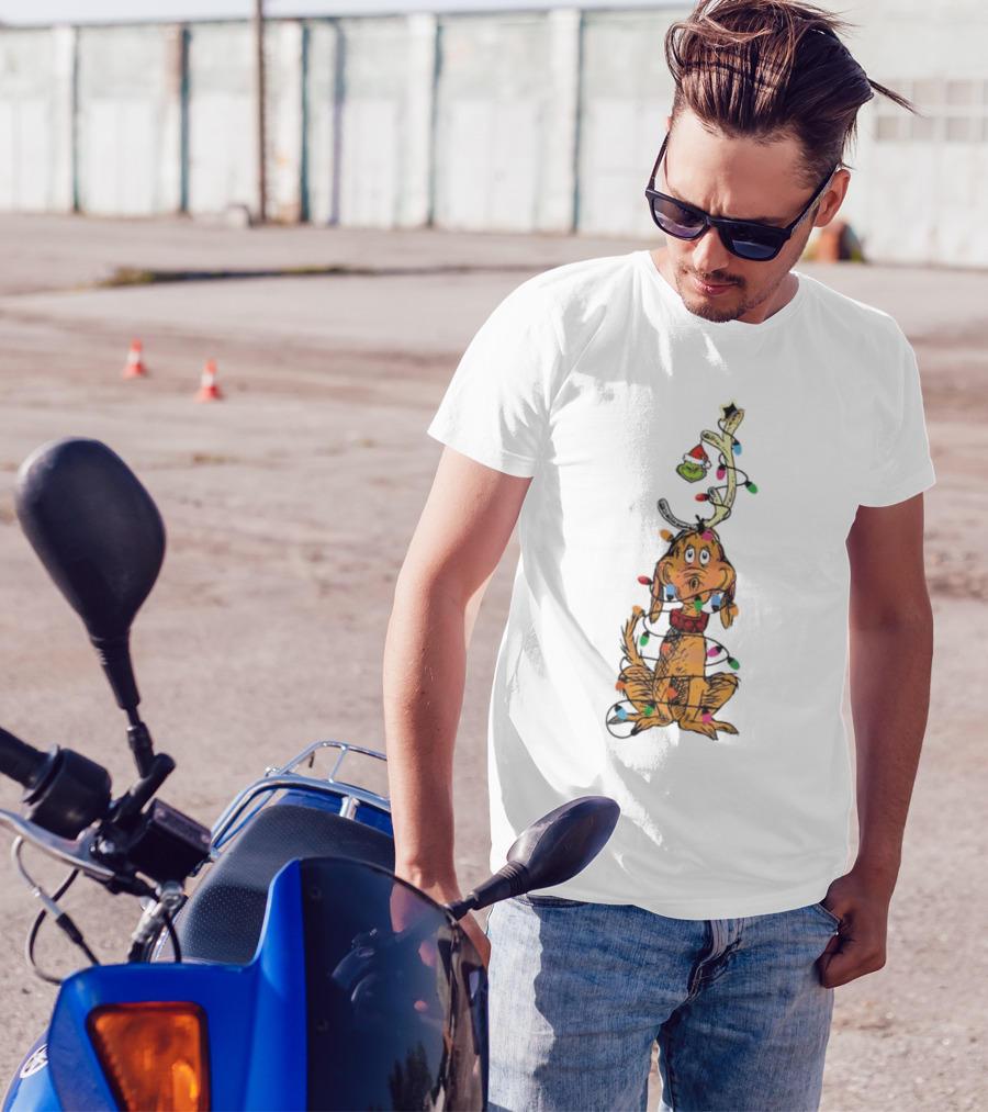 Funny Grinch Christmas Lights With Dog Wrapped In Colorful String Of Lights T-Shirt