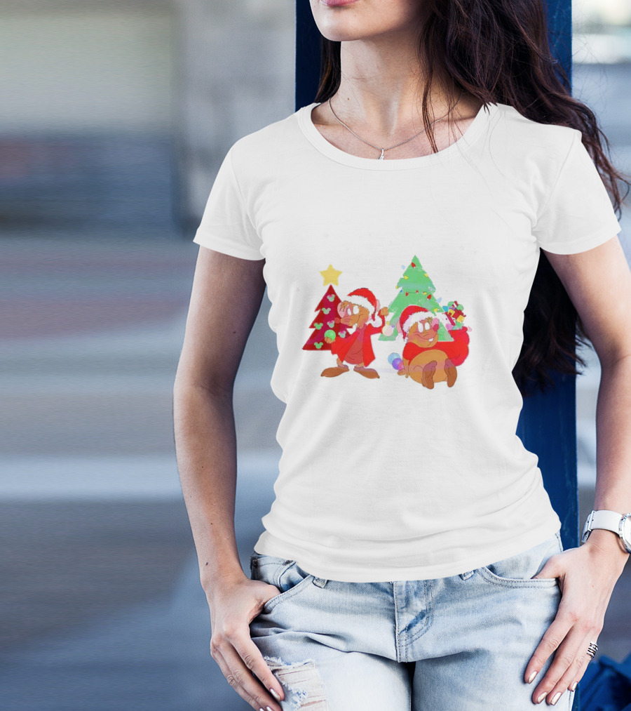 Santa Jaq And Gus With Christmas Lights And Presents By Christmas Tree T-Shirt