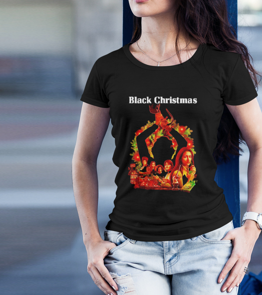 Black Christmas Silent Night Horror Movie Characters Axe Wreath Scene T-Shirt