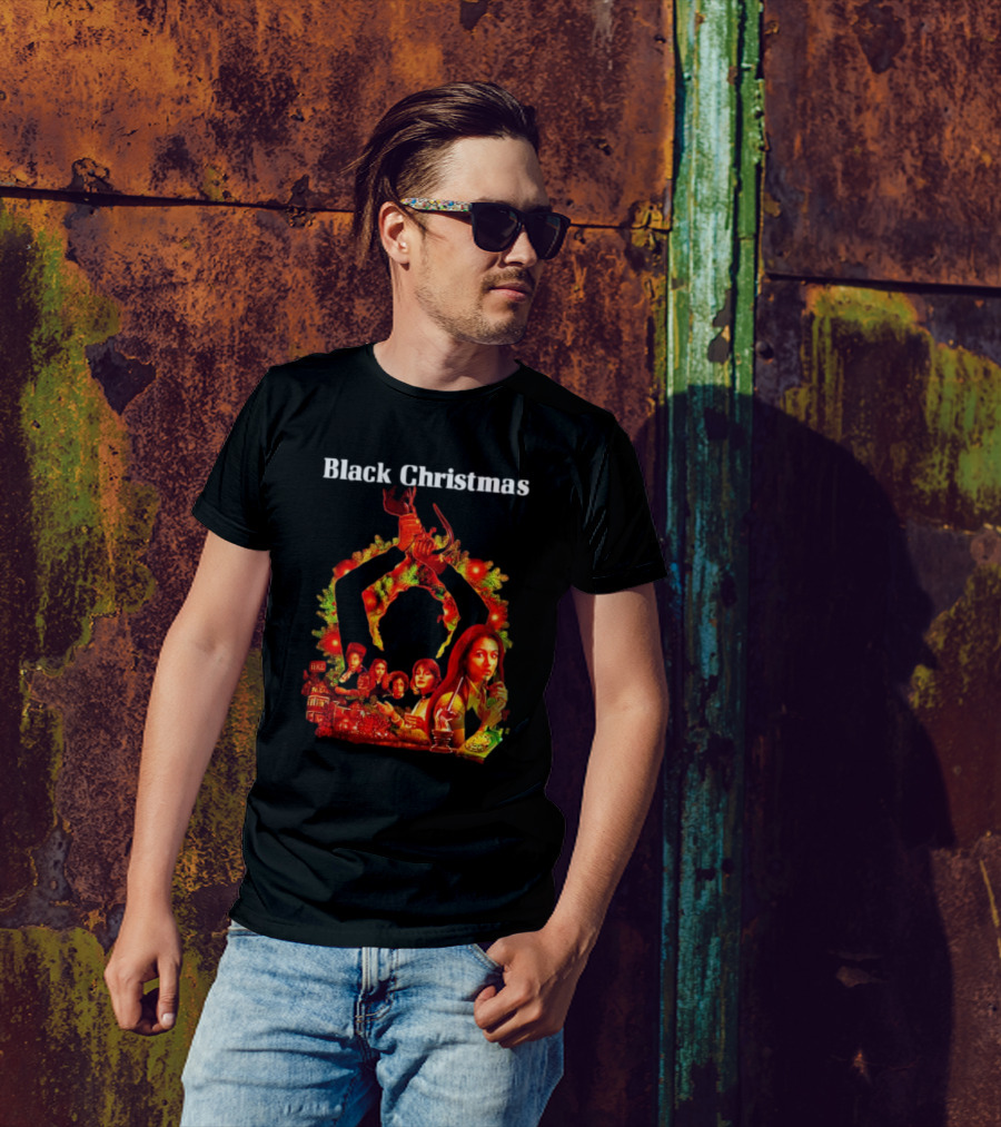Black Christmas Silent Night Horror Movie Characters Axe Wreath Scene T-Shirt