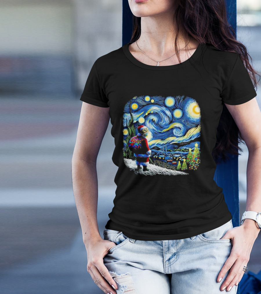 Cat Santa Paws Van Gogh Starry Night Christmas Holiday Scene T-Shirt