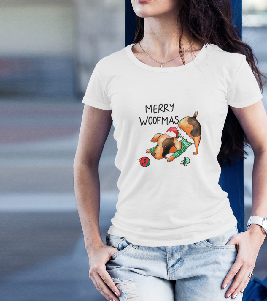 Merry Woofmas Dog In Santa Hat And Sweater With Christmas T-Shirt