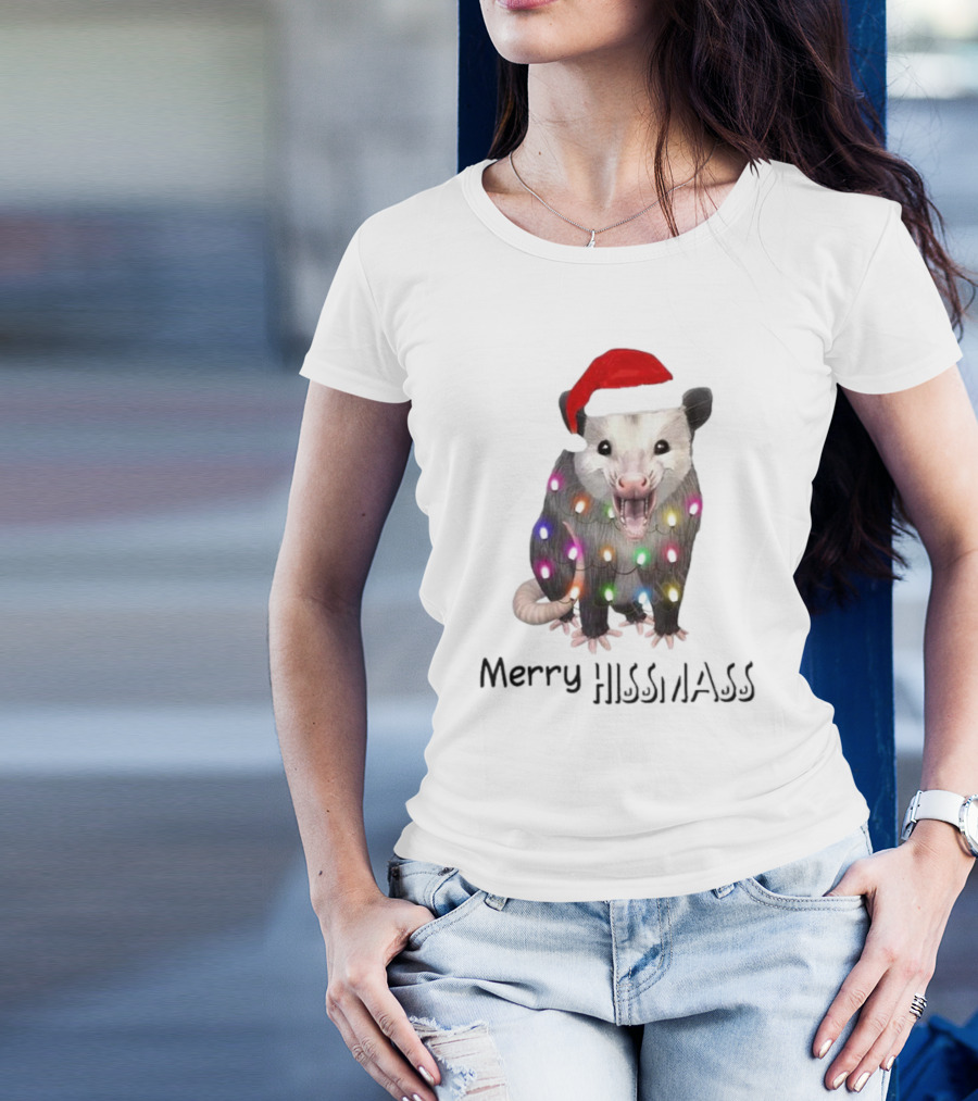 Merry Hissmas Opossum Santa Hat Christmas Lights T-Shirt