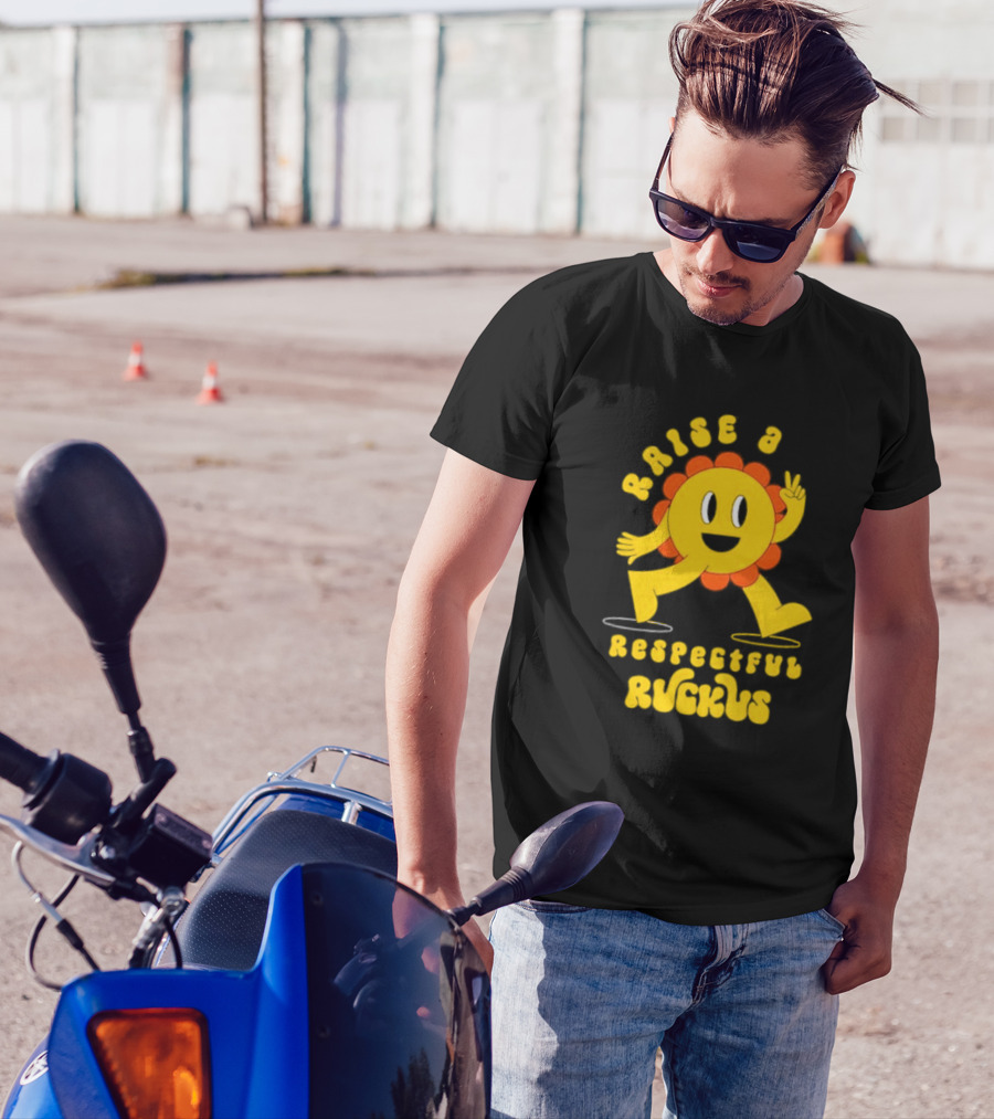 RAISE A RESPECTFUL RUCKUS CHARACTER WALKING WITH PEACE SIGN YELLOW AND ORANGE T-Shirt