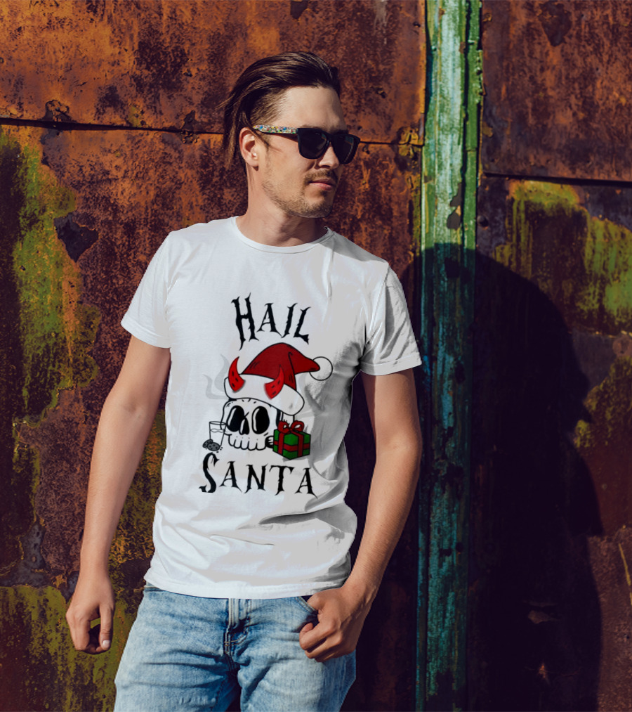 Hail Santa Skull With Devilish Santa Hat And Christmas Present T-Shirt