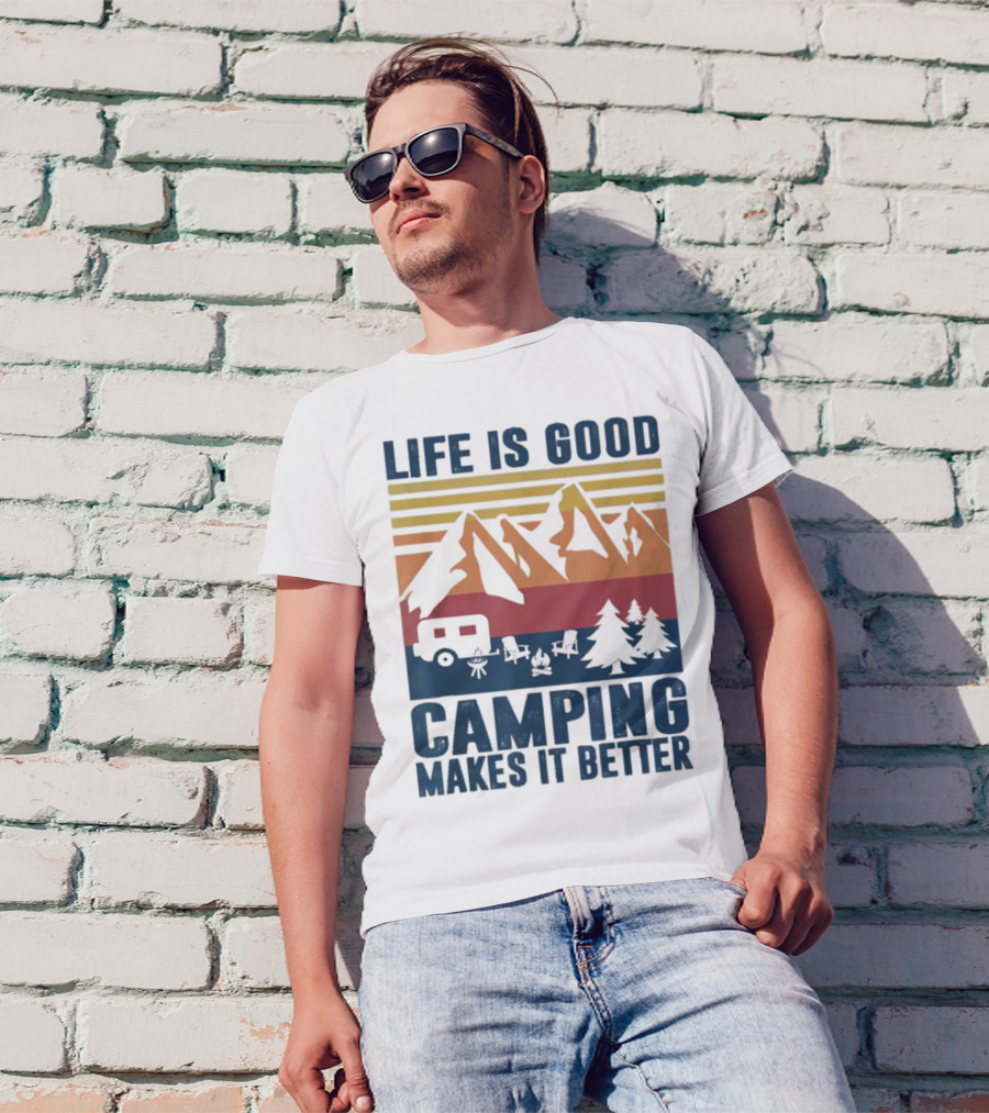 Life Is Good Camping Makes It Better Vintage Mountains Camper Landscape T-Shirt