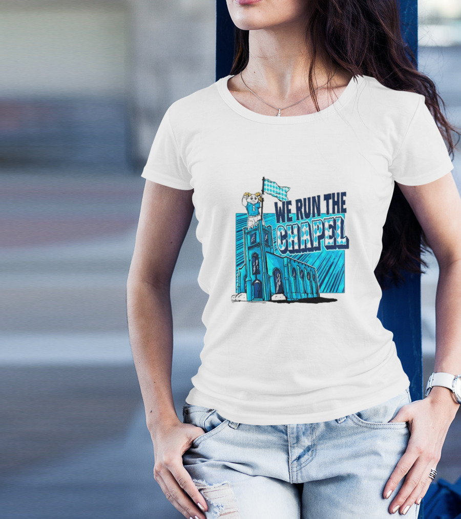 North Carolina Tar Heels We Run The Chapel Ram Mascot On Tower With Flag T-Shirt