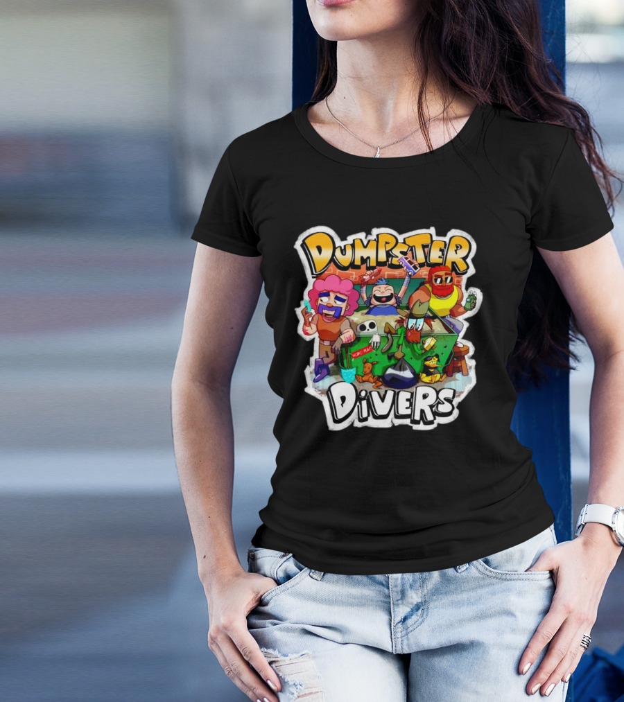 Dumpster Divers Cartoon Alley Fun With Funny Characters And Trash Can Antics T-Shirt