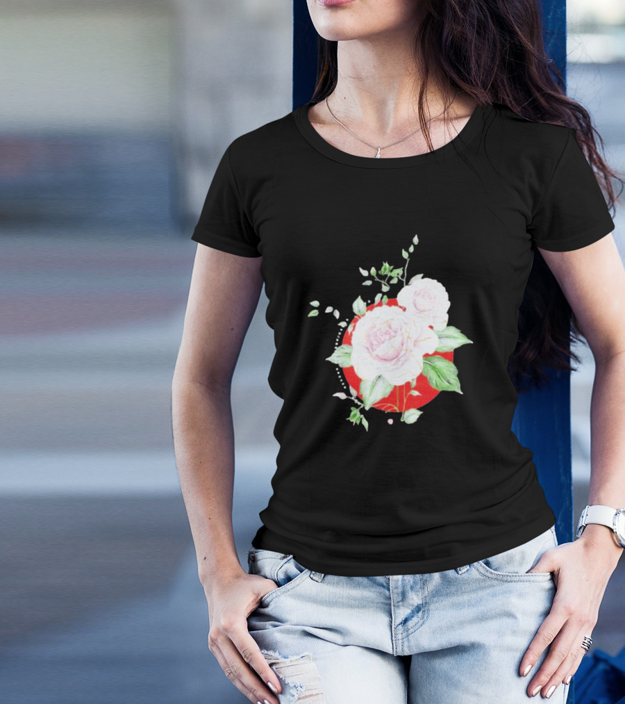5Yr Kintsugi Rose Floral Design On Red Circle Background T-Shirt