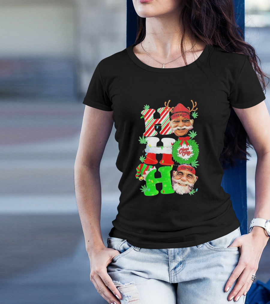 Cheech And Chong Xmas 2024 Hohoho Holiday Cannabis Santa Reindeer Christmas Wreath Elf T-Shirt