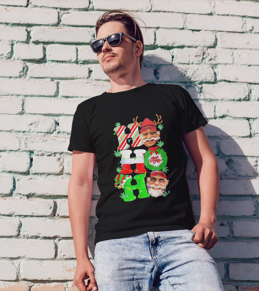 Cheech And Chong Xmas 2024 Hohoho Holiday Cannabis Santa Reindeer Christmas Wreath Elf T-Shirt