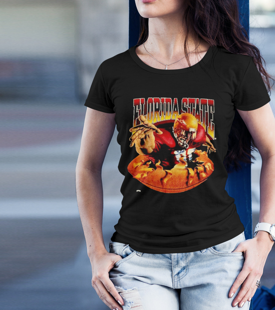 Florida State Seminoles FSU Football Player Emerging From Flames Two Sided Nutmeg T-Shirt