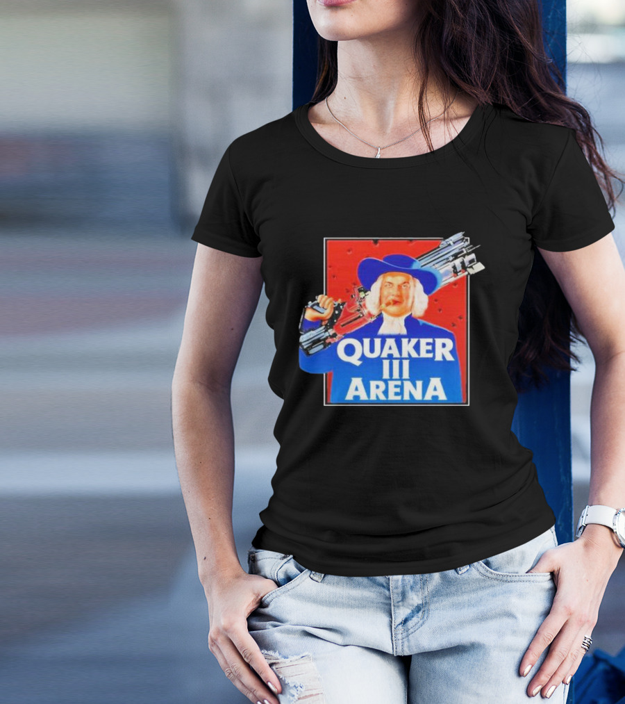 Quaker III Arena Parody Poster With Character In Blue Hat And Railgun T-Shirt