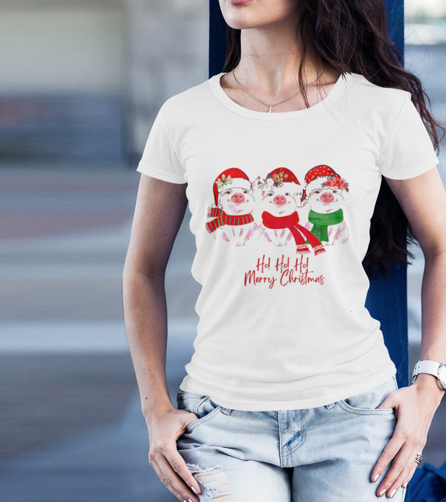 Ho Ho Ho Merry Christmas Pig Trio Santa Hat T-Shirt
