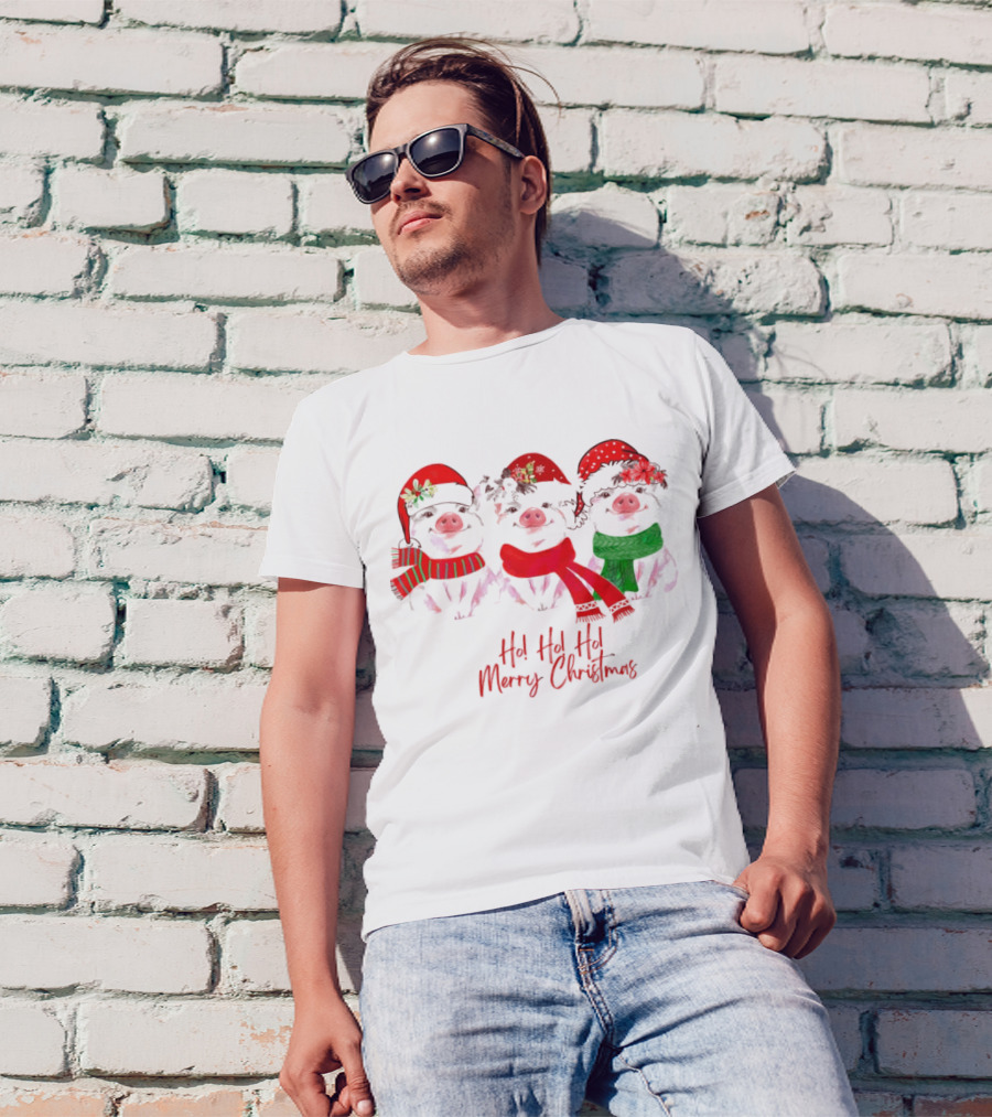 Ho Ho Ho Merry Christmas Pig Trio Santa Hat T-Shirt