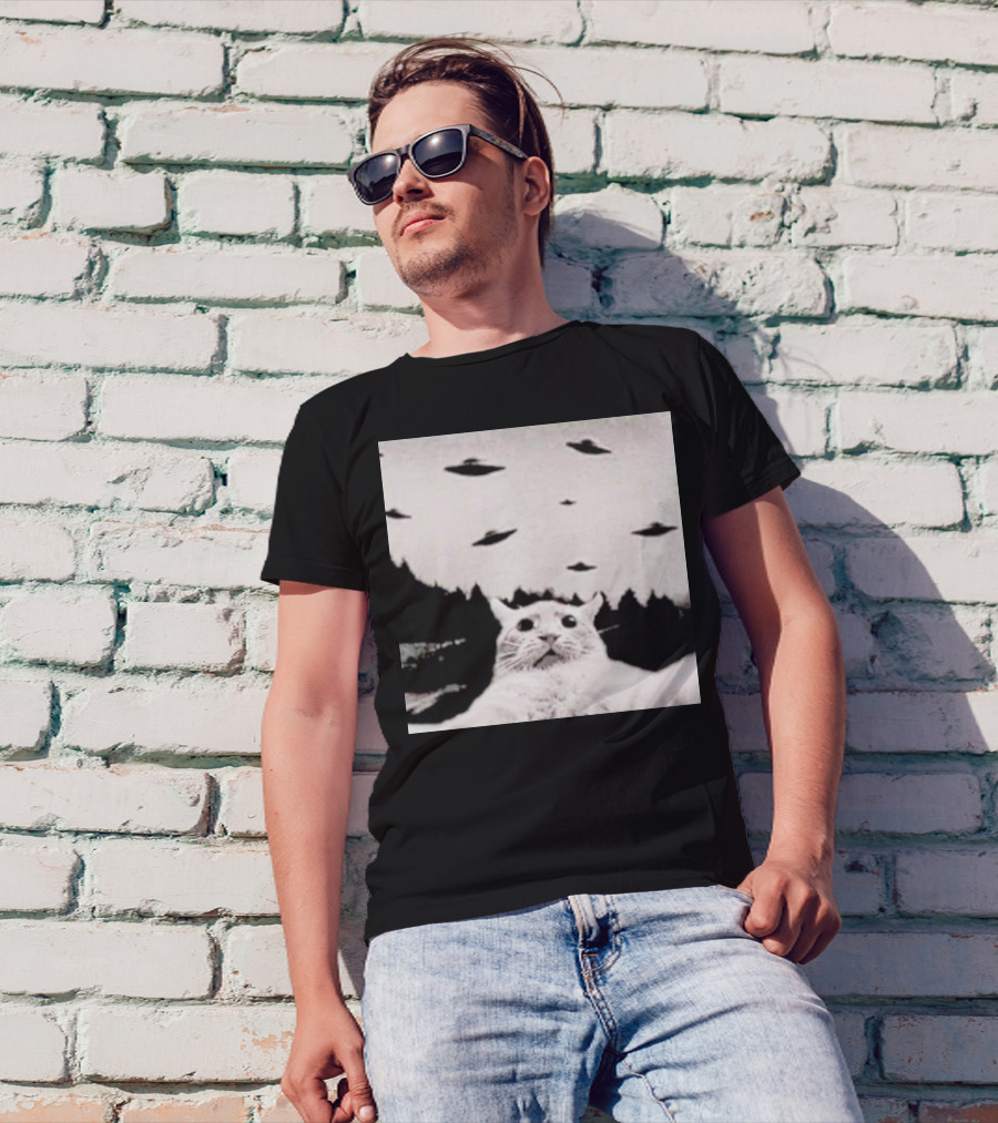 Cat Taking A Selfie UFOs Black And White Forest Background T-Shirt