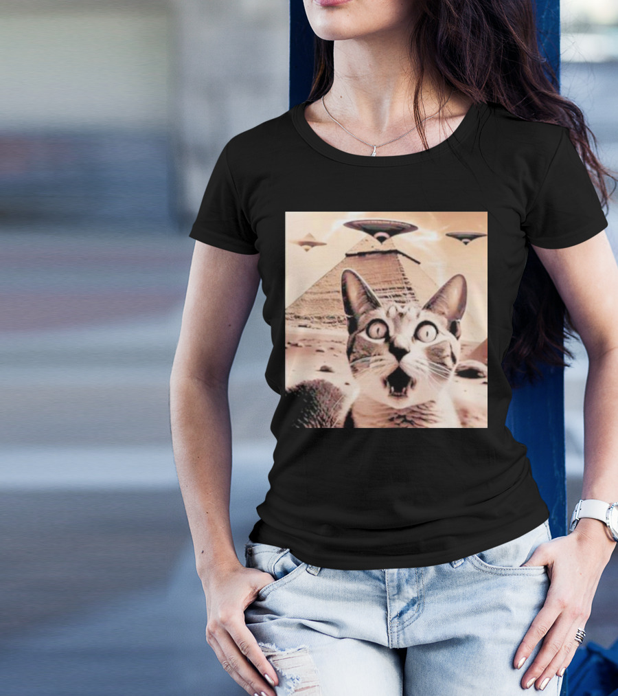 Funny Cat UFO Encounter At Egypt Pyramids T-Shirt