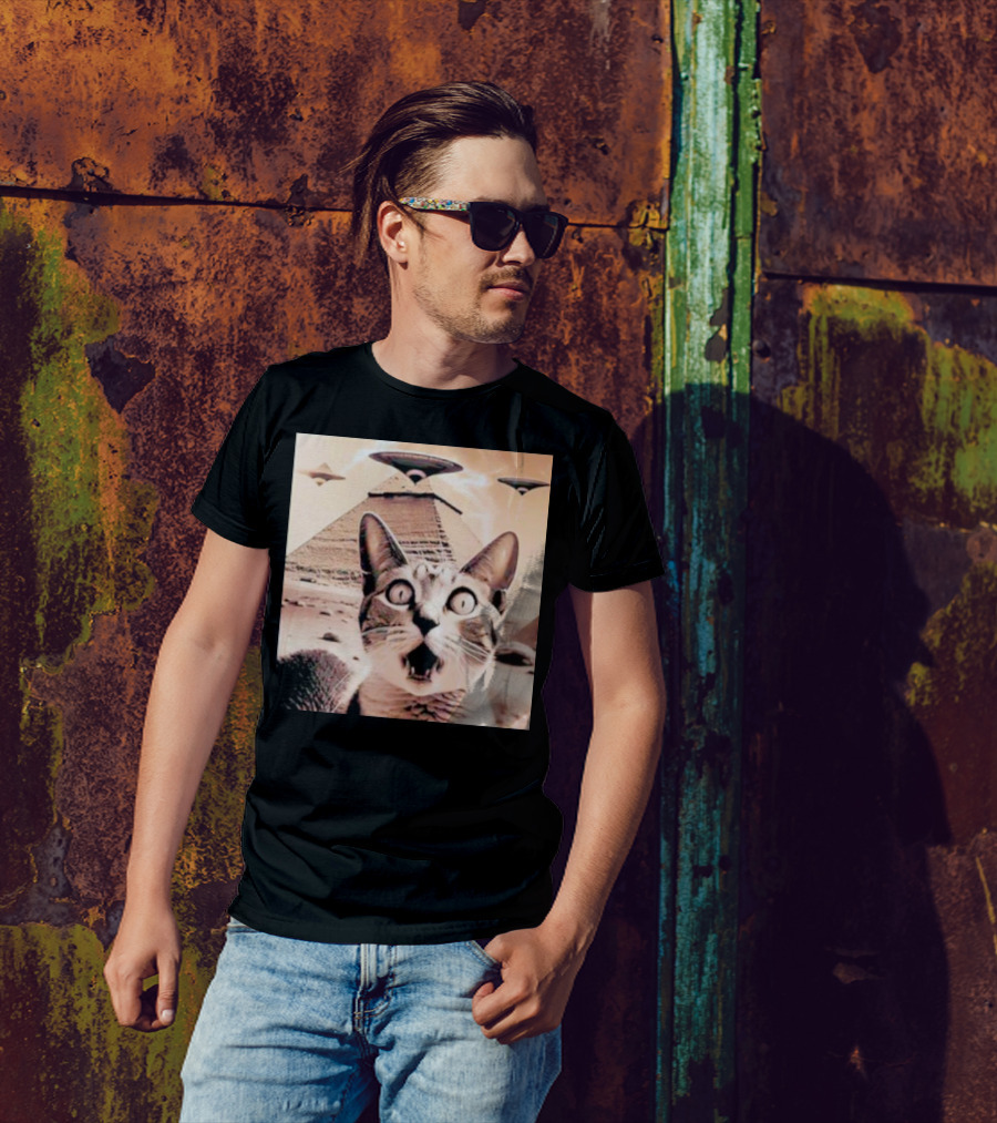 Funny Cat UFO Encounter At Egypt Pyramids T-Shirt