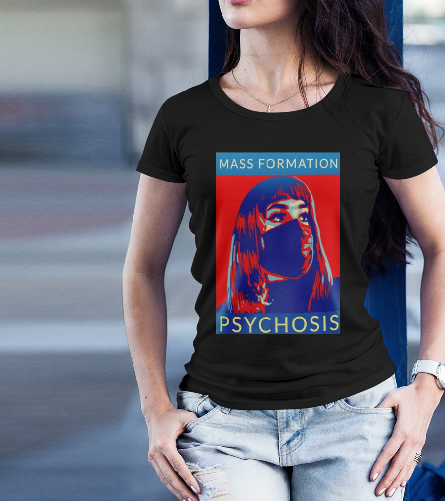 MASS FORMATION PSYCHOSIS Masked Portrait In Red And Blue T-Shirt