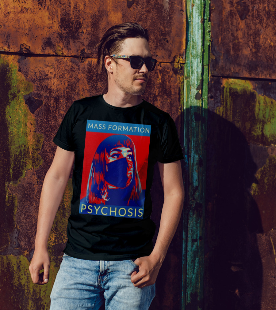 MASS FORMATION PSYCHOSIS Masked Portrait In Red And Blue T-Shirt