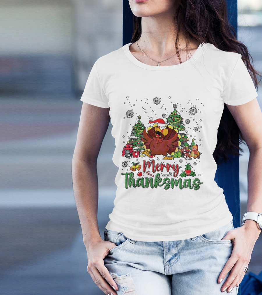 Merry Thanksmas Funny Turkey Santa Hat Christmas Trees T-Shirt