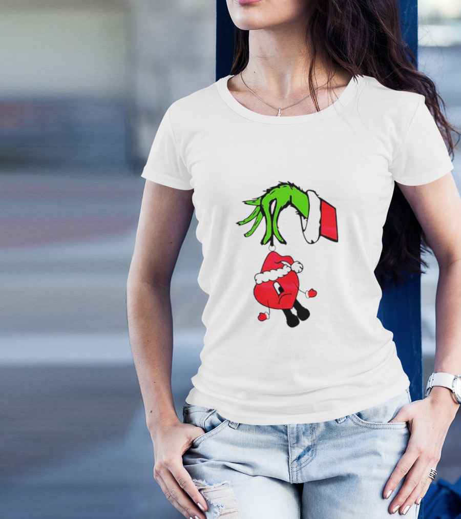 Grinch Hand Bad Bunny Santa Hat Christmas T-Shirt
