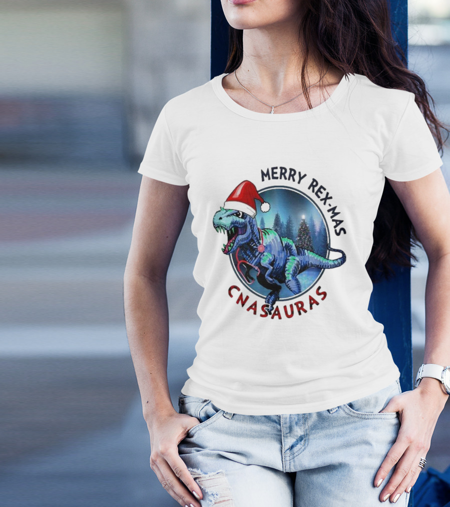 Merry Rex-mas CNAauras Santa Hat Dinosaur Christmas Tree Forest T-Shirt