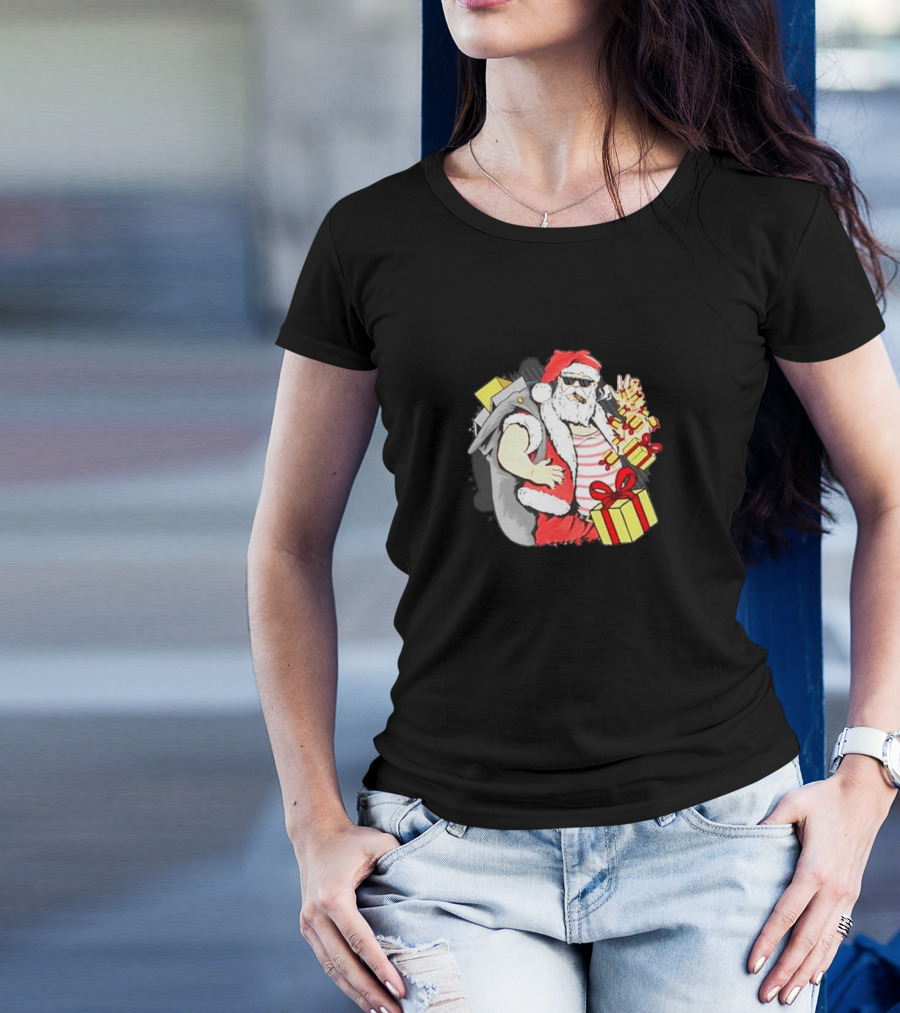 Santa Claus Cool Sunglasses Carrying Christmas Gifts T-Shirt