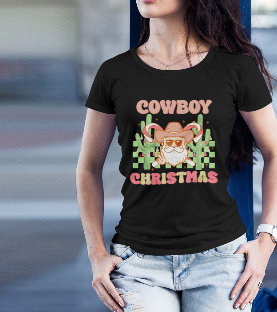 Cowboy Christmas Santa With Candy Cane And Cactus T-Shirt