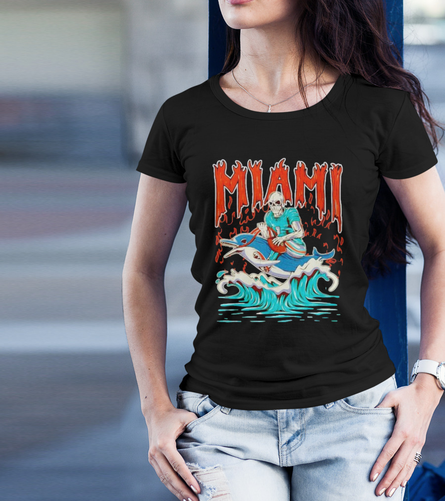 MIAMI Skeleton Riding Dolphin With Football And Flames T-Shirt