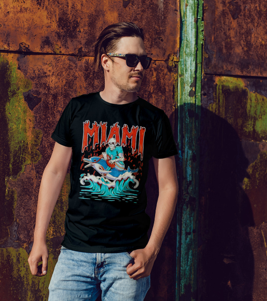 MIAMI Skeleton Riding Dolphin With Football And Flames T-Shirt