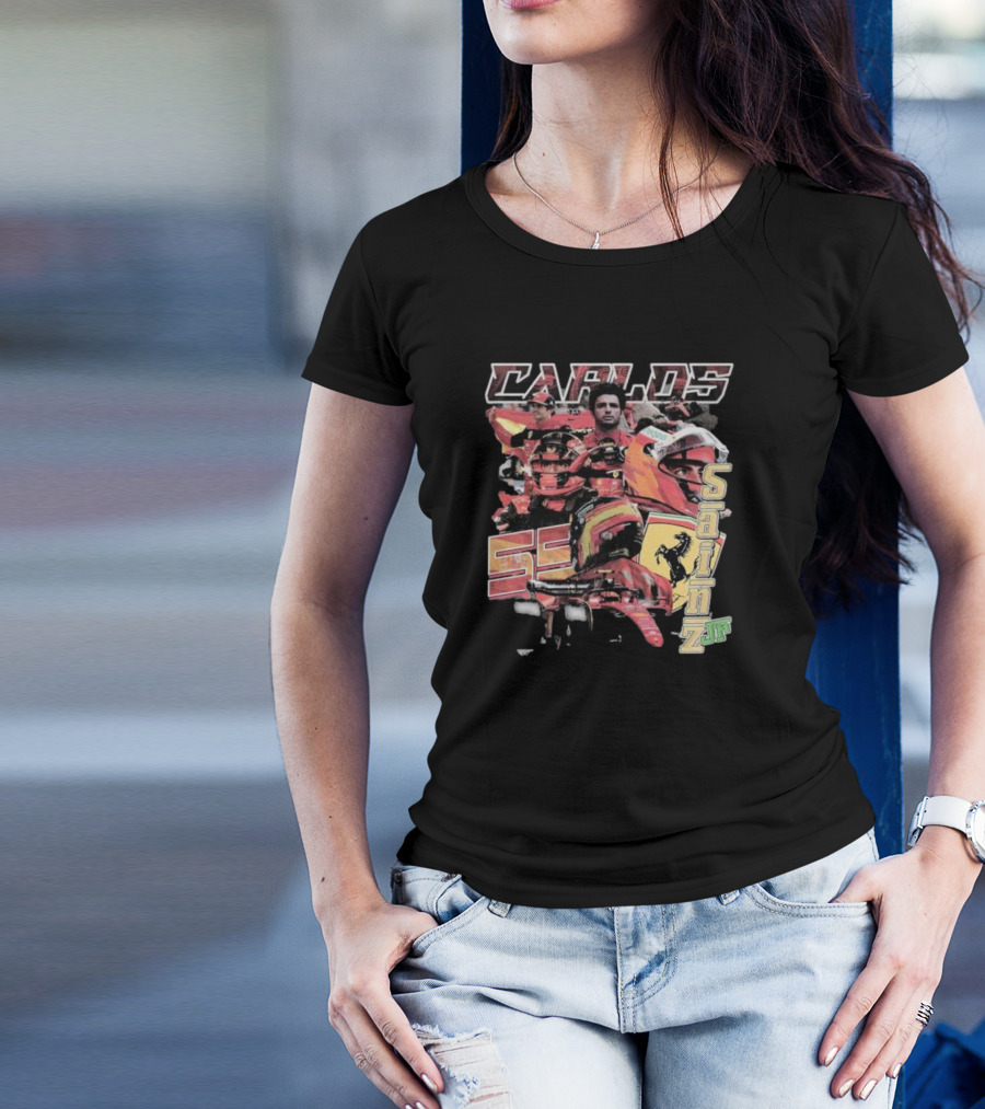 Carlos Sainz Jr Ferrari Racing Inspired Collage With Car Number 55 T-Shirt