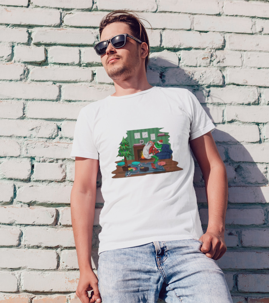 Grinch In Santa Outfit Stealing Presents By The Christmas Tree T-Shirt