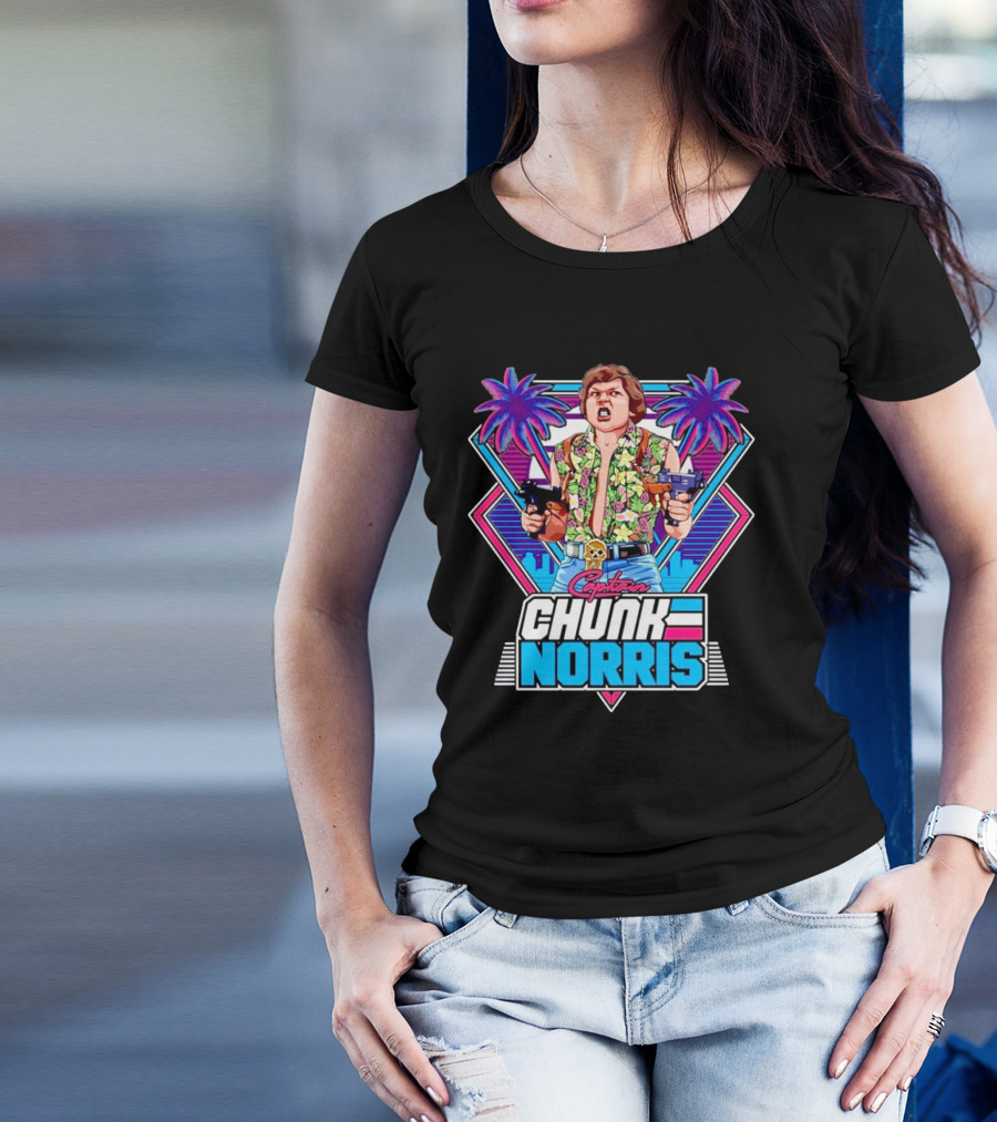 Captain Chunk Norris Retro Miami Vice Styled Character With Dual Pistols And Neon Palm Trees T-Shirt