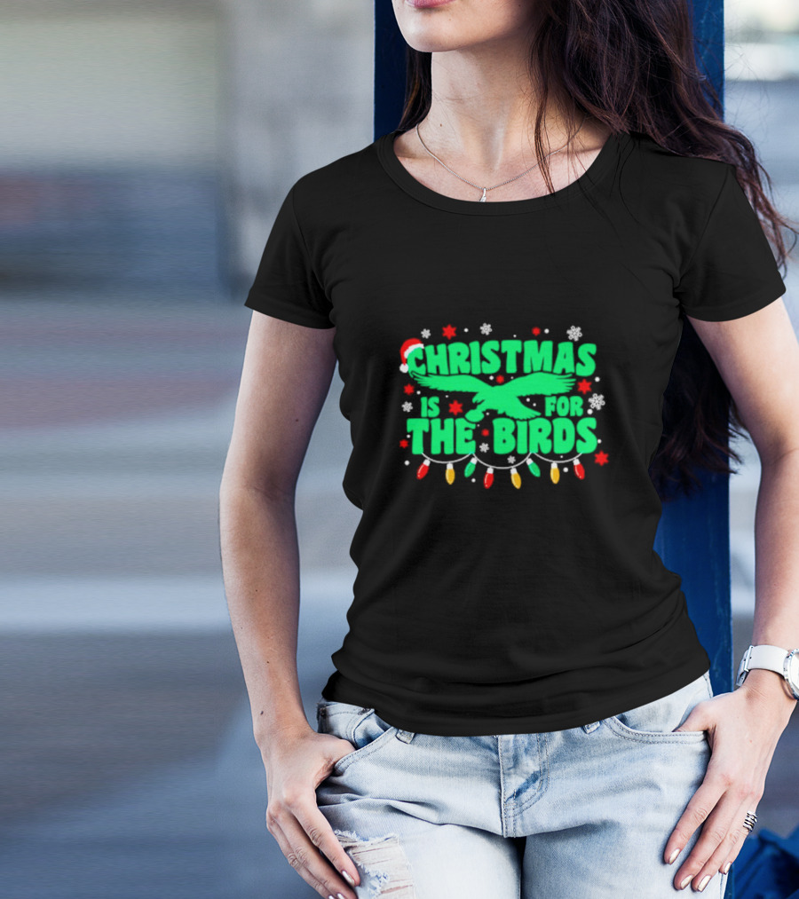 Christmas Is For The Birds Festive Holiday Lights Snowflakes Santa Hat T-Shirt