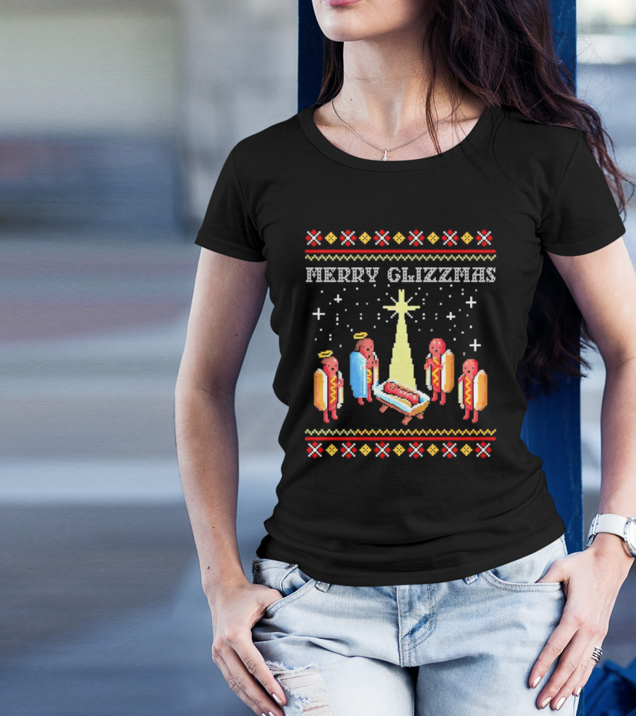 Merry Glizzmas Nativity Hot Dog Angels Scene Ugly Christmas T-Shirt