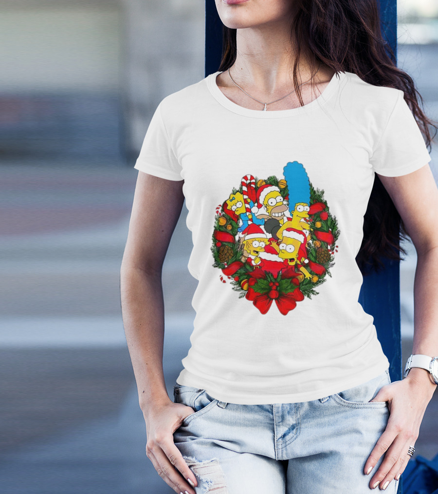The Simpsons Holiday Wreath With Santa Hats And Candy Canes T-Shirt
